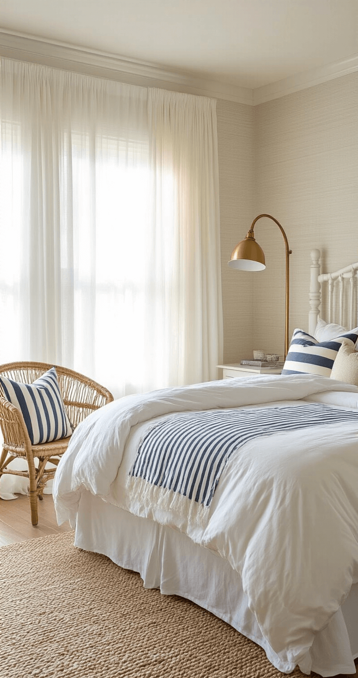 Coastal Granddaughter Bedroom: Your Ultimate Styling Guide A beautifully illuminated corner bedroom during golden hour, showcasing a weathered white spindle bed with a cloud-white duvet and layered navy and cream pillows. A vintage brass floor lamp arcs over a woven seagrass chair, while sheer white curtains billow softly. The subtle texture of shell-toned grasscloth wallpaper complements the scene, captured in a low-angle shot that emphasizes the contrast between smooth linens and natural weaves.