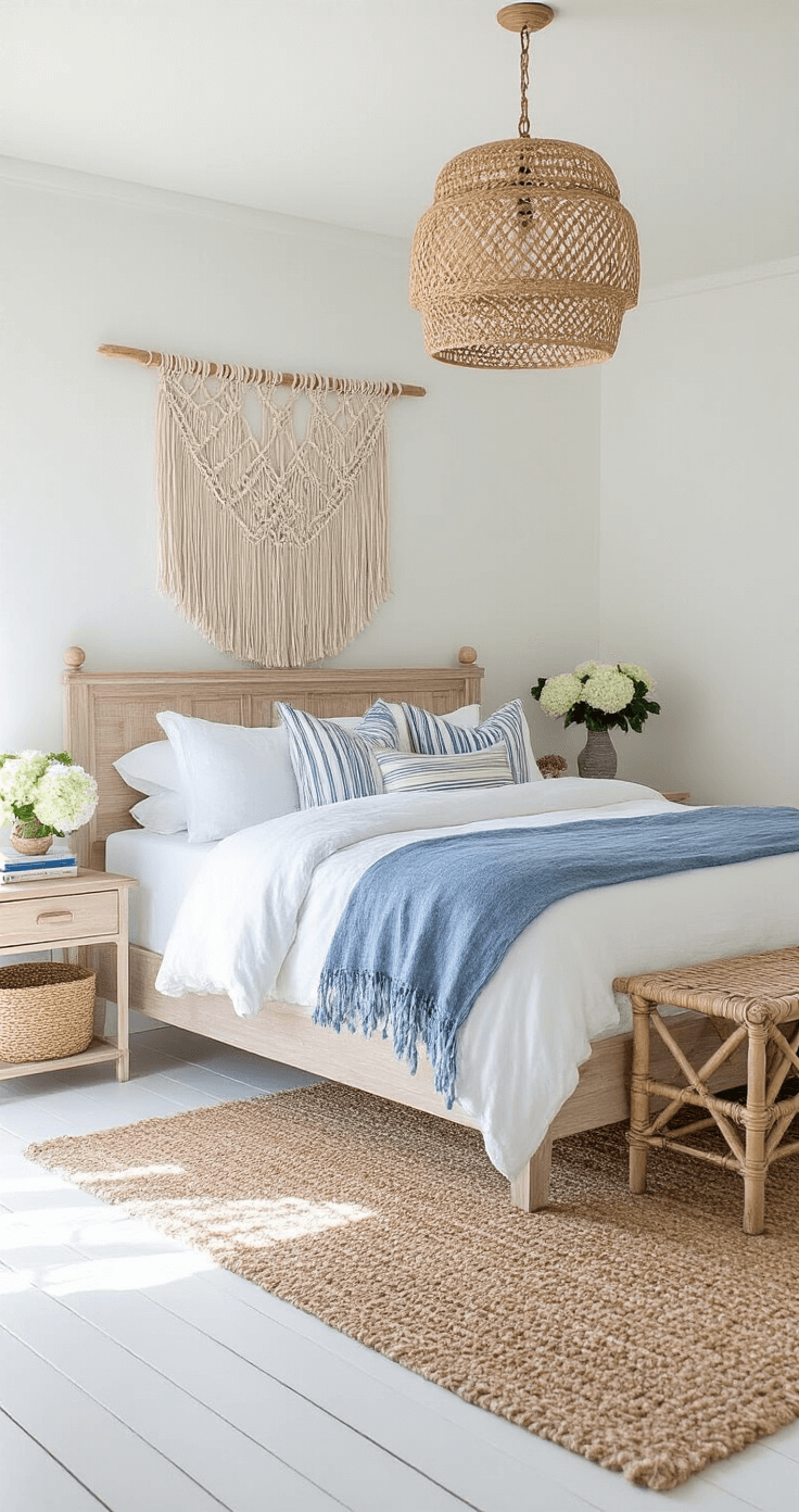 Coastal Granddaughter Bedroom: Your Ultimate Styling Guide A bright, airy primary bedroom featuring a handwoven macramé wall hanging above a bleached oak headboard, with crisp white bedding, chambray blue throws, and coastal stripe cushions. A rattan pendant casts intricate shadows on whitewashed plank floors, complemented by a seagrass area rug, while fresh hydrangeas add a pop of color.