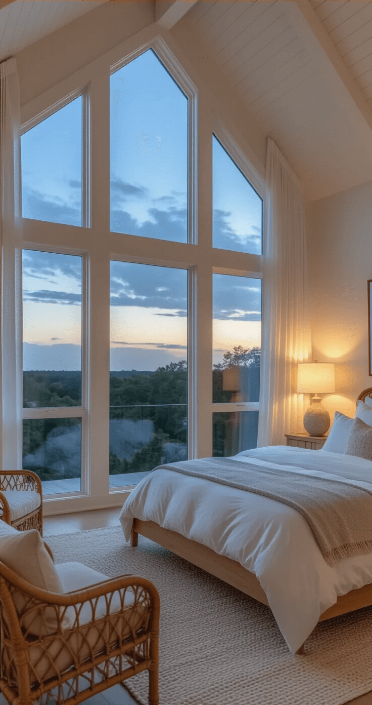 Coastal Master Bedroom: Your Serene Seaside Sanctuary at Home A spacious master suite at dusk with cathedral ceilings, featuring oversized windows with sheer curtains, a bleached oak platform bed dressed in layered linens, a minimalist rattan armchair with a throw, and ceramic table lamps casting a warm glow amidst soft shadows.