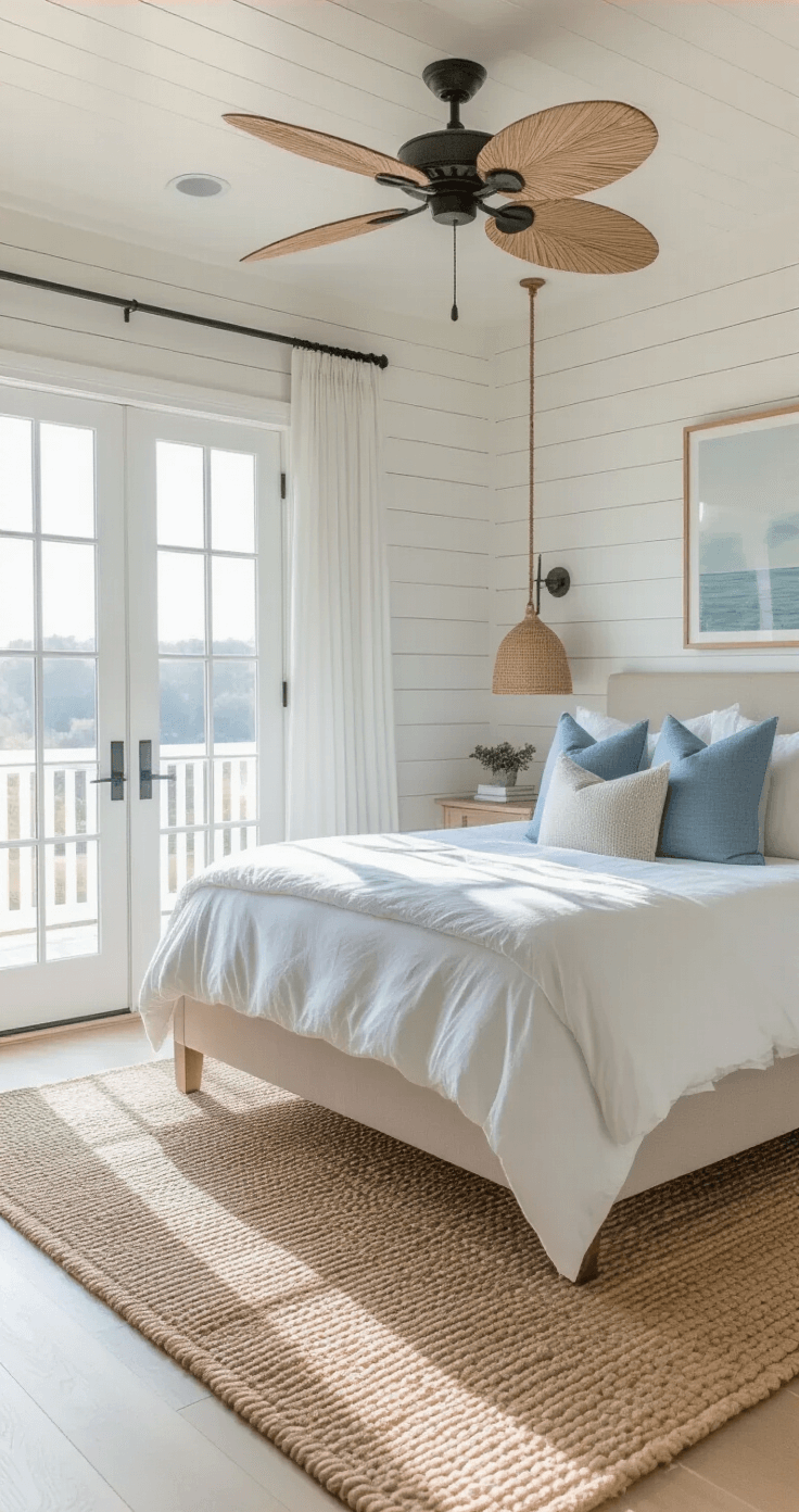 Coastal Master Bedroom: Your Serene Seaside Sanctuary at Home A serene master bedroom with whitewashed plank walls and pale oak floors, featuring early morning light through French doors. The king bed is dressed in rumpled white linen and blue accent pillows, and a handwoven jute rug anchors the space. A rattan ceiling fan adds a touch of movement, creating an ethereal atmosphere.
