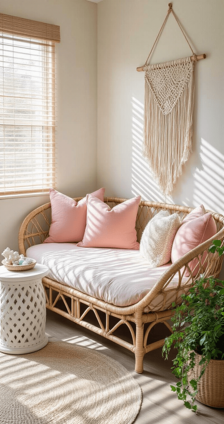 Dreamy Pink Coastal Bedroom: Your Ultimate Styling Guide Intimate corner bedroom nook with a curved rattan daybed adorned with blush cushions, a macramé wall hanging, a weathered white side table with coral and sea glass, and woven basket planters with trailing vines, all illuminated by dappled morning light from bamboo blinds.