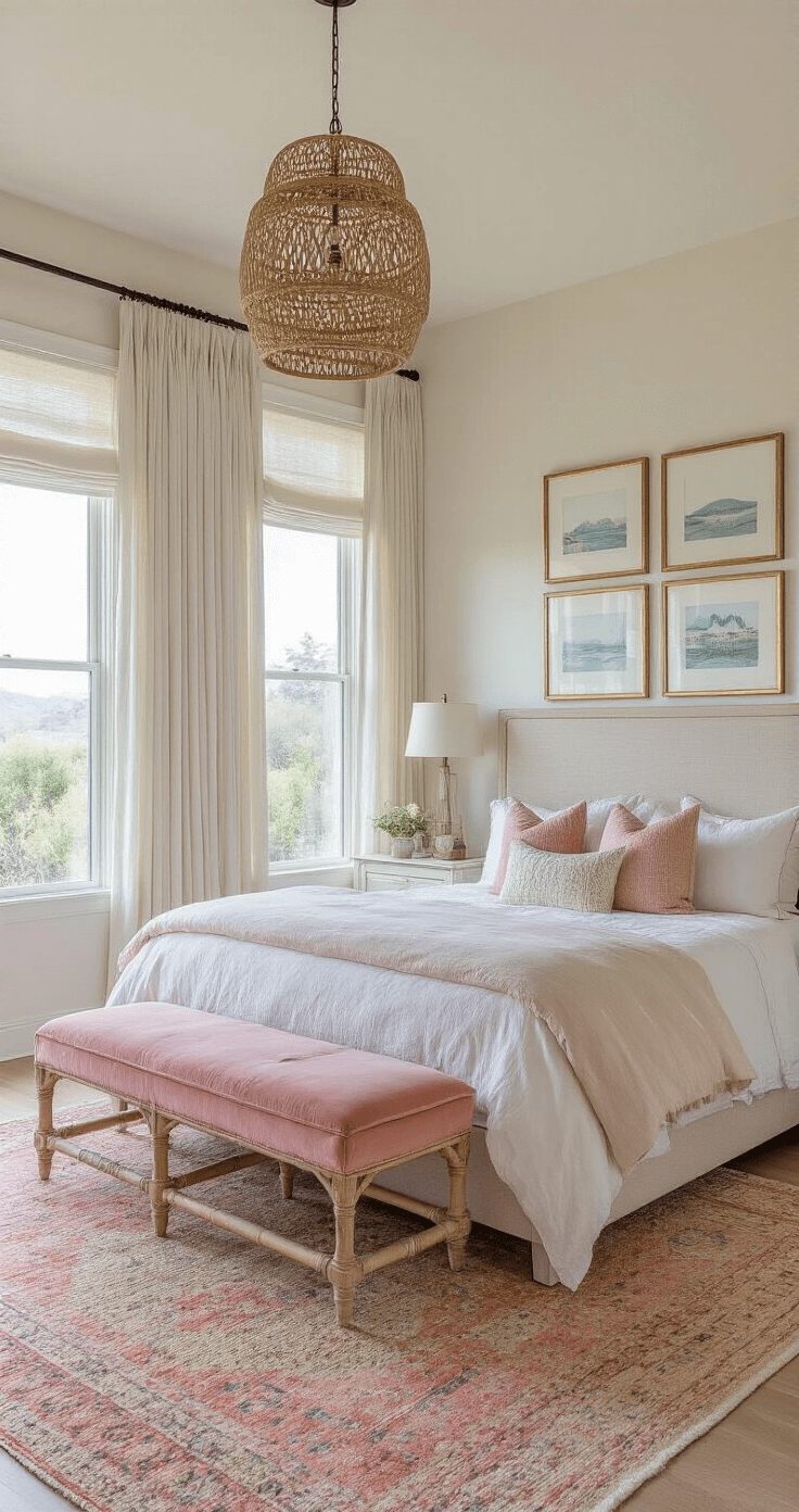 Dreamy Pink Coastal Bedroom: Your Ultimate Styling Guide An expansive primary bedroom featuring a California king bed with a whitewashed headboard, oversized windows with flowing linen drapes, and a blush velvet bench at the foot of the bed. Coastal prints in brass frames adorn the walls, while layered rugs combine natural sisal and a vintage Turkish design in muted coral tones. A rattan pendant light casts a warm glow, and the styled bedding showcases waves of cream, pink, and sand tones, all captured during blue hour with warm interior lighting.
