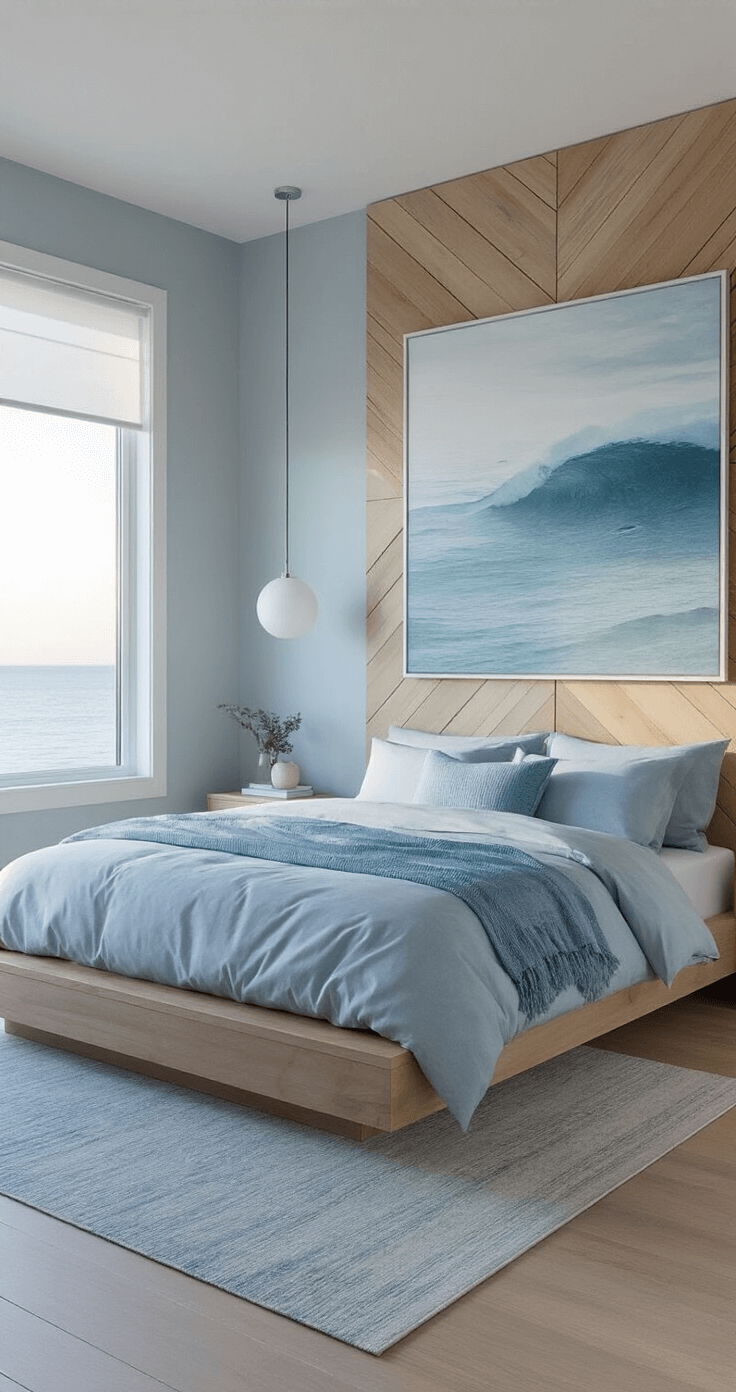 Coastal Blue Bedroom: Your Ultimate Guide to Creating a Serene Seaside Retreat A minimalist coastal bedroom at dawn featuring pale blue-grey walls with geometric wooden panels, a low-profile platform bed with ocean-inspired bedding, and floor-to-ceiling windows with automated white linen shades. An abstract seascape serves as a focal point, while morning light highlights blue textiles and chrome accents.