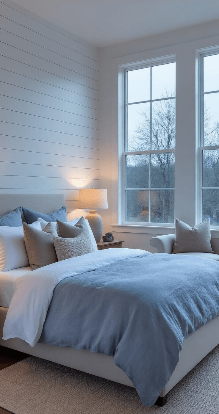 Creating Your Dream Coastal Bedroom Retreat: A Step-by-Step Design Guide A cozy dusk bedroom featuring a shiplap accent wall, platform bed with layered bedding in white and blue-grey, ceramic table lamps, and a reading nook with a natural linen chair, all bathed in cool blue light from oversized windows.
