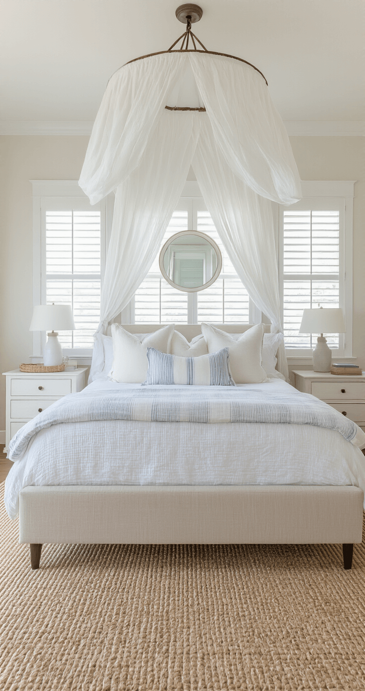 Creating Your Dream Coastal Bedroom Retreat: A Step-by-Step Design Guide A bright coastal bedroom filled with afternoon light, featuring an oatmeal linen bed frame flanked by white oak nightstands, layered bedding with blue accent pillows, a sheer white canopy above, and a seagrass-wrapped dresser with an oversized round mirror, emphasizing natural materials like rattan, jute, and whitewashed wood.