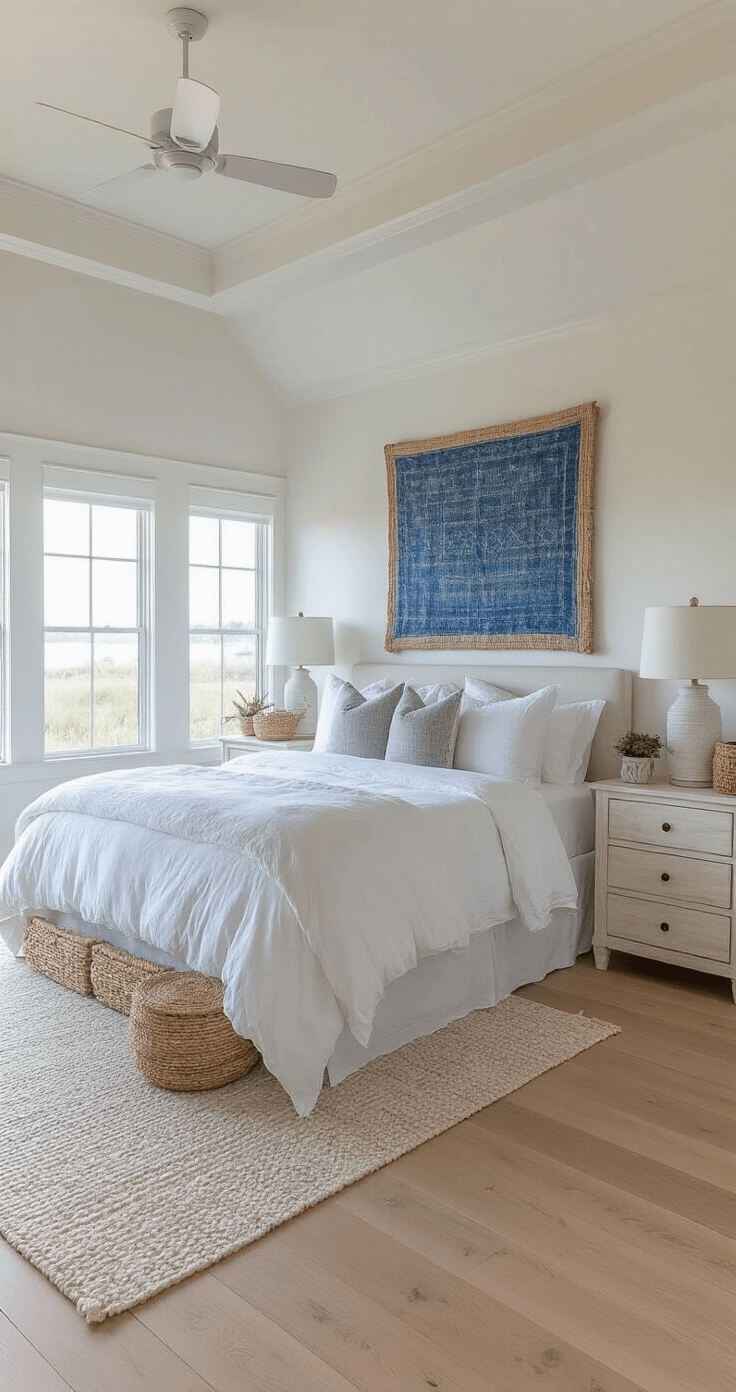 Creating Your Dream Coastal Bedroom Retreat: A Step-by-Step Design Guide Early morning master bedroom with tray ceiling, white oak flooring, and a California king bed dressed in cloud-white linens. Vintage indigo textile art above the headboard, symmetrical nightstands with white ceramic lamps, and coastal decor elements like a rope-wrapped mirror and driftwood sculpture. The image captures the serene ethereal quality of dawn light, emphasizing the room's height and window views.