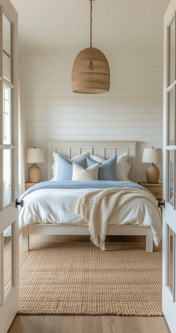 Coastal Bedroom Bliss: Transform Your Space into a Serene Seaside Retreat A sunlit coastal bedroom with a white oak platform bed and shiplap accent wall, featuring layered bedding and soft shadows from sheer curtains, captured at golden hour.