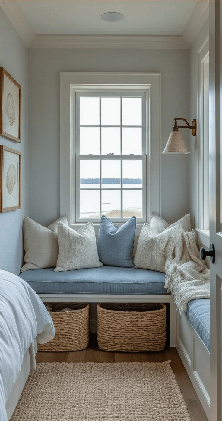 Coastal Bedroom Bliss: Transform Your Space into a Serene Seaside Retreat A cozy coastal bedroom corner at dusk featuring a built-in window seat with weathered gray cushions and cream pillows, a seagrass basket filled with throws, painted in 'White Sand' with shell-themed artwork, illuminated by a driftwood floor lamp.