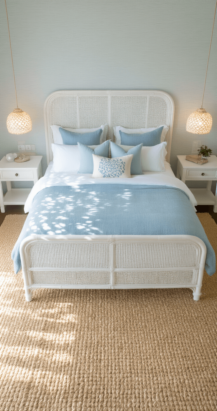 Coastal Bedroom Bliss: Transform Your Space into a Serene Seaside Retreat Bird's-eye view of a coastal primary suite's sleeping area featuring a whitewashed rattan king bed with oceanic blue and sandy neutral bedding, capiz shell lamps on matching nightstands casting light patterns, pale blue grasscloth wallpaper, a large braided jute rug, and white linen drapes gently billowing, all bathed in soft morning light.