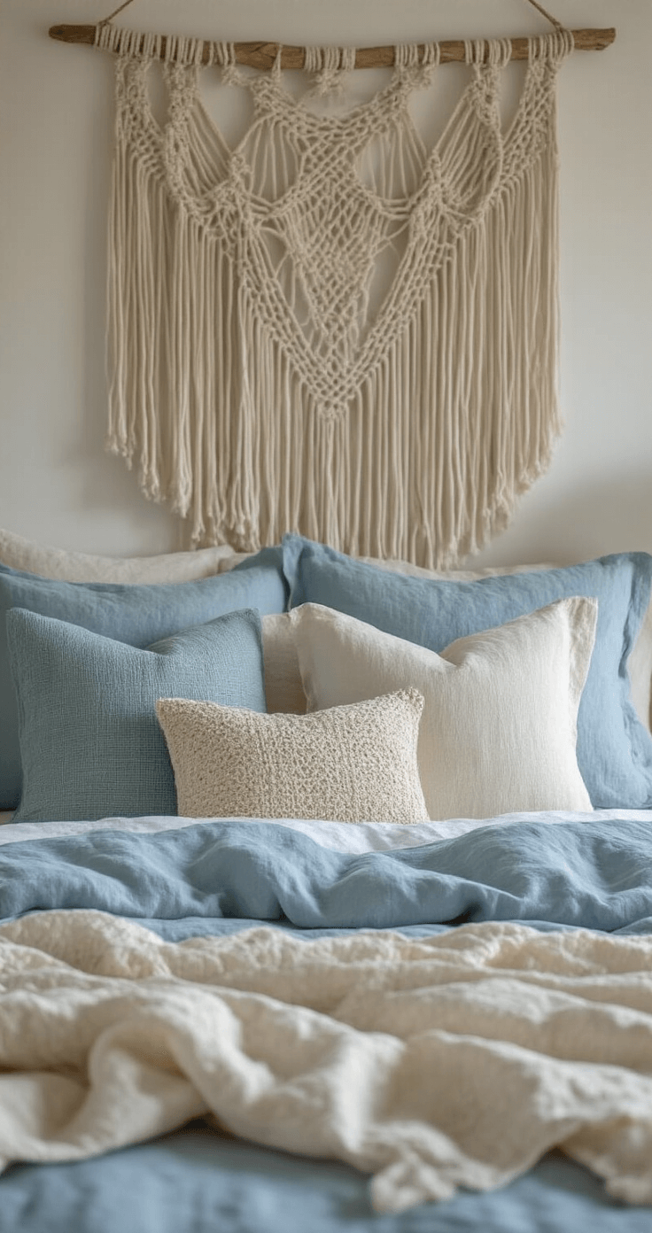 Coastal Bedroom Bliss: Transform Your Space into a Serene Seaside Retreat Close-up of a coastal bedroom's layered textiles featuring a marseille blue linen duvet, cream Belgian flax sheets, and textured sea glass-tone pillows, with a macramé wall hanging in the background and natural side lighting highlighting the fabric textures.