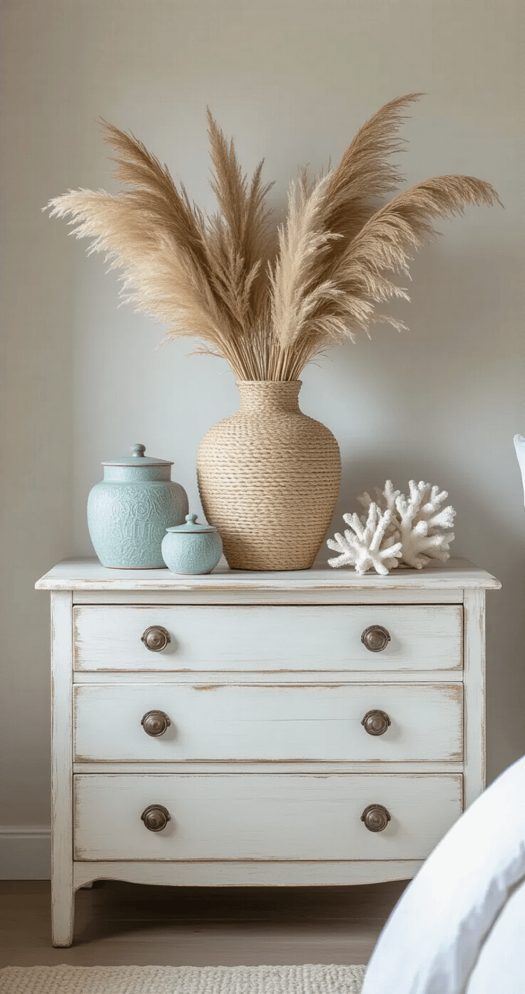 Coastal Bedroom Bliss: Transform Your Space into a Serene Seaside Retreat Coastal bedroom vignette featuring a weathered white dresser adorned with a seagrass-wrapped vase of pampas grass, vintage coral, and textured ceramic boxes, illuminated by soft morning light that highlights blue-grey undertones.
