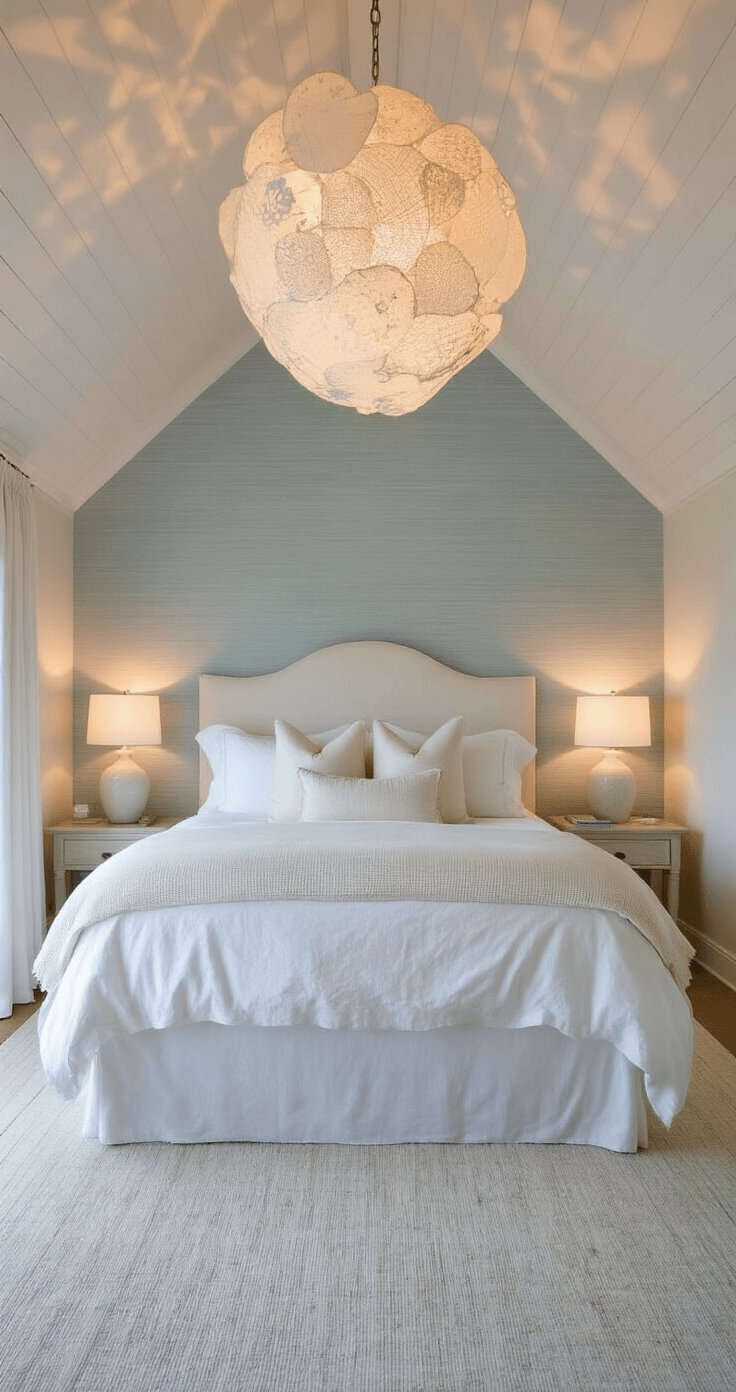 Coastal Bedroom Bliss: Transform Your Space into a Serene Seaside Retreat A low-angle shot of a coastal bedroom at twilight, featuring a sculptural capiz shell chandelier casting patterns on a white vaulted ceiling, layered white and cream linens on the bed, pale blue grasscloth walls, and warm light from ceramic table lamps.
