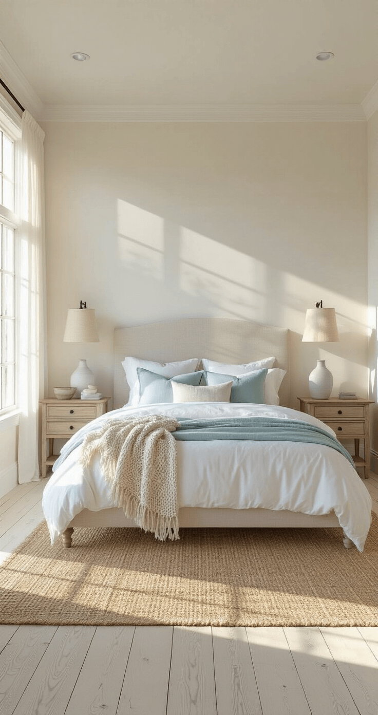 Creating Your Dream Coastal Master Bedroom: A Serene Seaside Retreat A spacious master bedroom with floor-to-ceiling windows, featuring a king-sized bed adorned with layered white and sea-glass blue bedding, weathered driftwood nightstands, and decorative ceramic lamps, all illuminated by warm golden hour sunlight.
