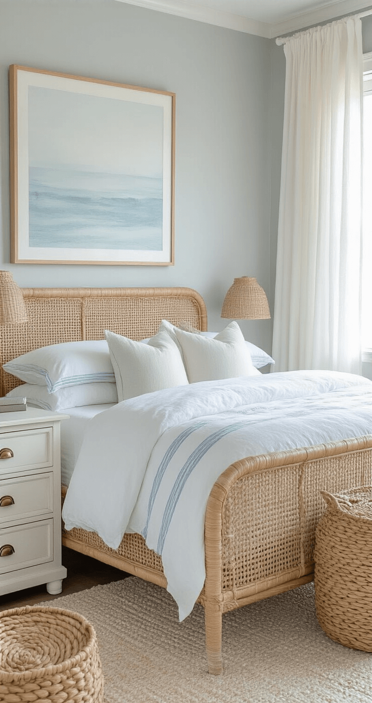 Creating Your Dream Coastal Master Bedroom: A Serene Seaside Retreat Coastal sanctuary with rattan bed frame, crisp white linens, soft watercolor artwork, seagrass baskets, and distressed white dresser, illuminated by early morning light filtering through gauzy curtains.
