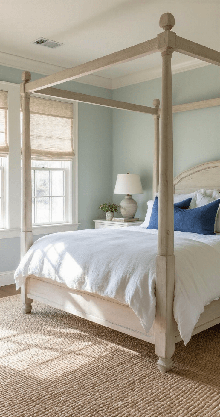 Creating Your Dream Coastal Master Bedroom: A Serene Seaside Retreat A bright coastal bedroom with a four-poster bed in whitewashed teak, dressed in a rumpled white linen duvet and vintage indigo pillows, illuminated by late afternoon sunlight. Natural fiber roman shades filter light, casting patterns on walls painted in Beach Glass, with a sisal carpet adding warmth.