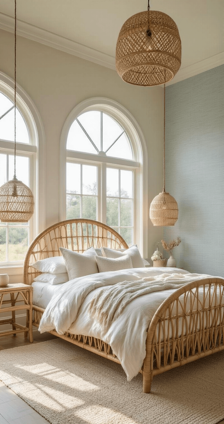 Creating Your Dream Coastal Master Bedroom: A Serene Seaside Retreat A serene primary suite featuring a curved rattan bed frame with cloud-like ivory and pearl bedding, arched windows allowing morning light, handwoven pendant lights casting shadows, and pale blue grasscloth wallpaper, captured from a corner angle to showcase architectural details.