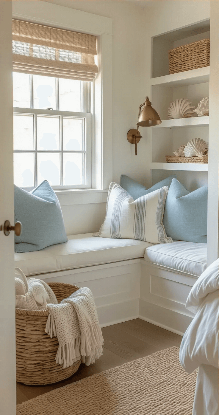 Coastal Grandma Bedroom: Your Ultimate Sanctuary of Comfort and Style A cozy coastal bedroom nook featuring a built-in window seat with white cushions and muted blue throw pillows, a slipcovered cream armchair with coastal stripes, a distressed side table, and a woven basket filled with chunky knit throws, all illuminated by warm lamp light and natural daylight, highlighting textures and a shell collection on floating shelves.