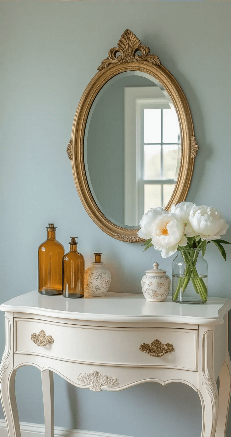 Coastal Grandma Bedroom: Your Ultimate Sanctuary of Comfort and Style A master bedroom vanity vignette at dawn featuring an antique white-painted vanity against a pale blue-grey wall, with a vintage oval mirror in a weathered gold frame. The scene includes a collection of amber glass bottles and ceramic vessels, fresh white peonies in a clear glass vase, and natural light filtering through a window, highlighting delicate styling details and material contrasts in soft colors.