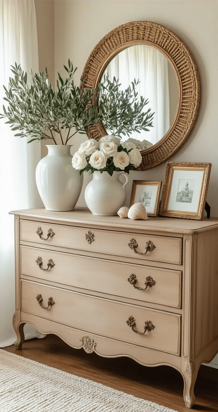 Coastal Grandma Bedroom: Your Ultimate Sanctuary of Comfort and Style A vintage pine dresser styled with a white ceramic ginger jar, brass picture frames, collected shells, and a vintage pitcher of white garden roses, under a round rattan mirror, illuminated by soft afternoon light filtering through sheer curtains. A potted olive tree adds height to the composition, featuring warm wood tones, white, brass, and olive green accents.