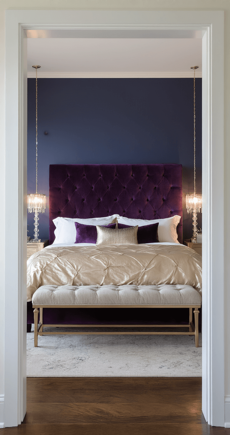 Christmas 2025 Decor: Old World Charm Meets Modern Elegance A master bedroom measuring 16x14 feet, captured at blue hour with a tufted velvet headboard in deep amethyst, surrounded by metallic pillows and a champagne silk duvet, complemented by crystal lamps on nightstands featuring minimal holiday accents in burnished metals, shot from the doorway with a wide-angle lens to highlight the room's depth and intimate atmosphere created by mixed lighting.