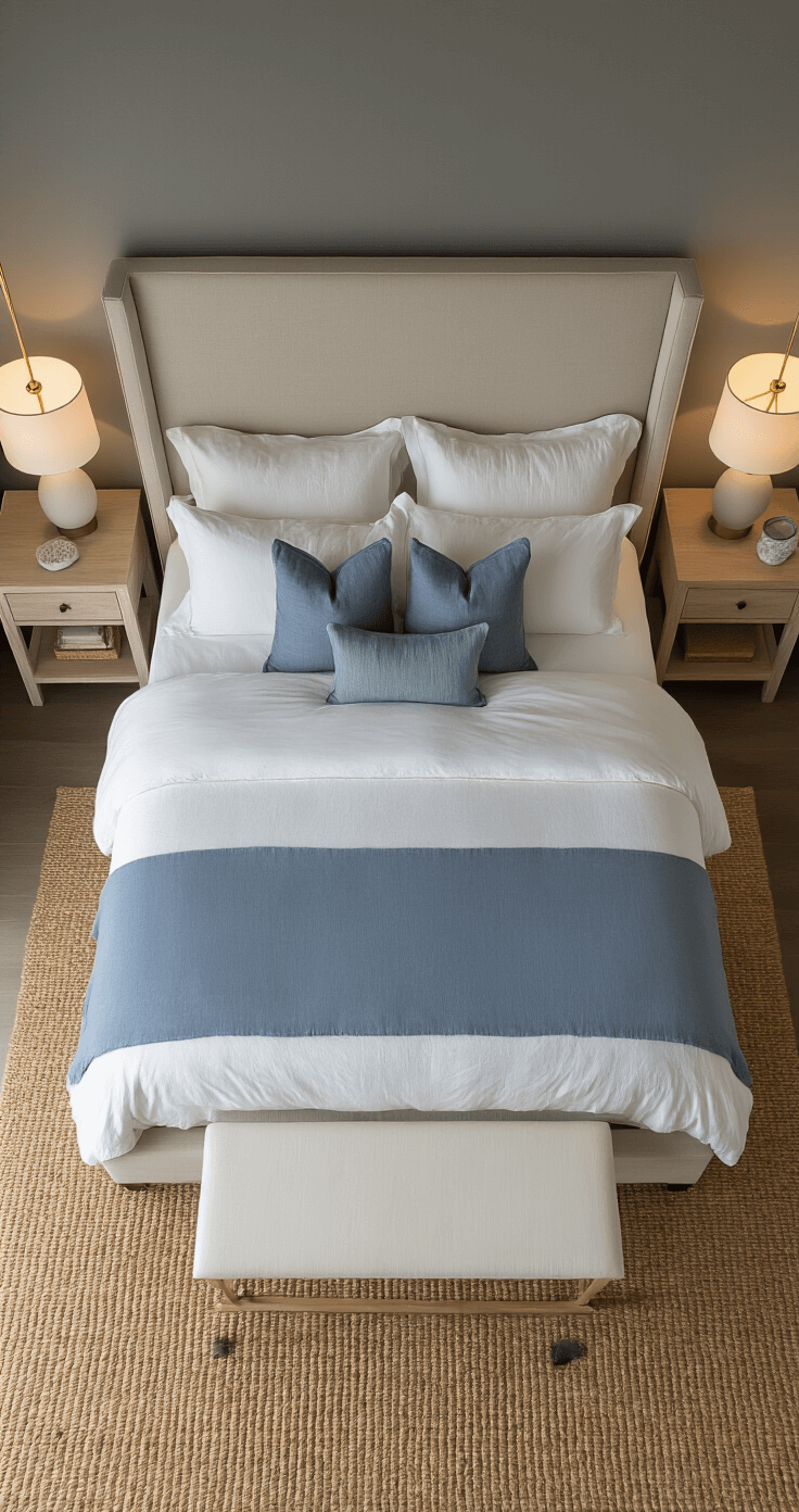 Crafting Your Dream Modern Coastal Master Bedroom: A Serene Sanctuary Awaits An overhead view of a modern coastal bedroom featuring a king-sized upholstered bed with cloud-like white bedding and chambray blue pillows, flanked by bleached wood nightstands and ceramic lamps, set on a geometric jute rug with a white oak bench at the foot, illuminated by ambient lighting.