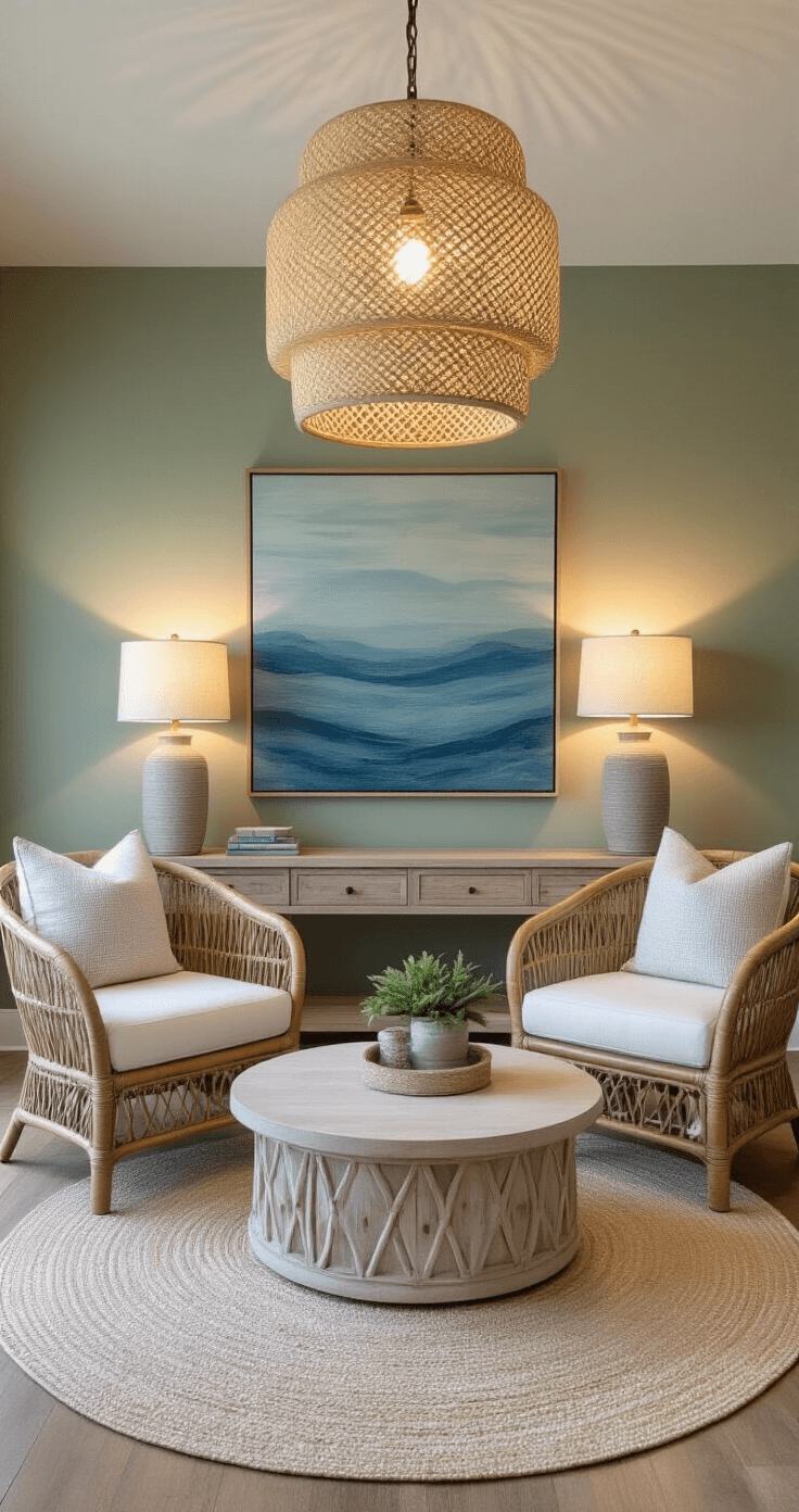 Coastal Bedroom Retreat: Your Ultimate Guide to Serene, Beach-Inspired Styling Master bedroom sitting area featuring curved rattan chairs with ivory cushions around a whitewashed teak coffee table, an oversized abstract seascape in blues and greys as a focal point, and a woven pendant light casting intricate shadows, all warmly illuminated by ceramic table lamps against a sage green accent wall at dusk.