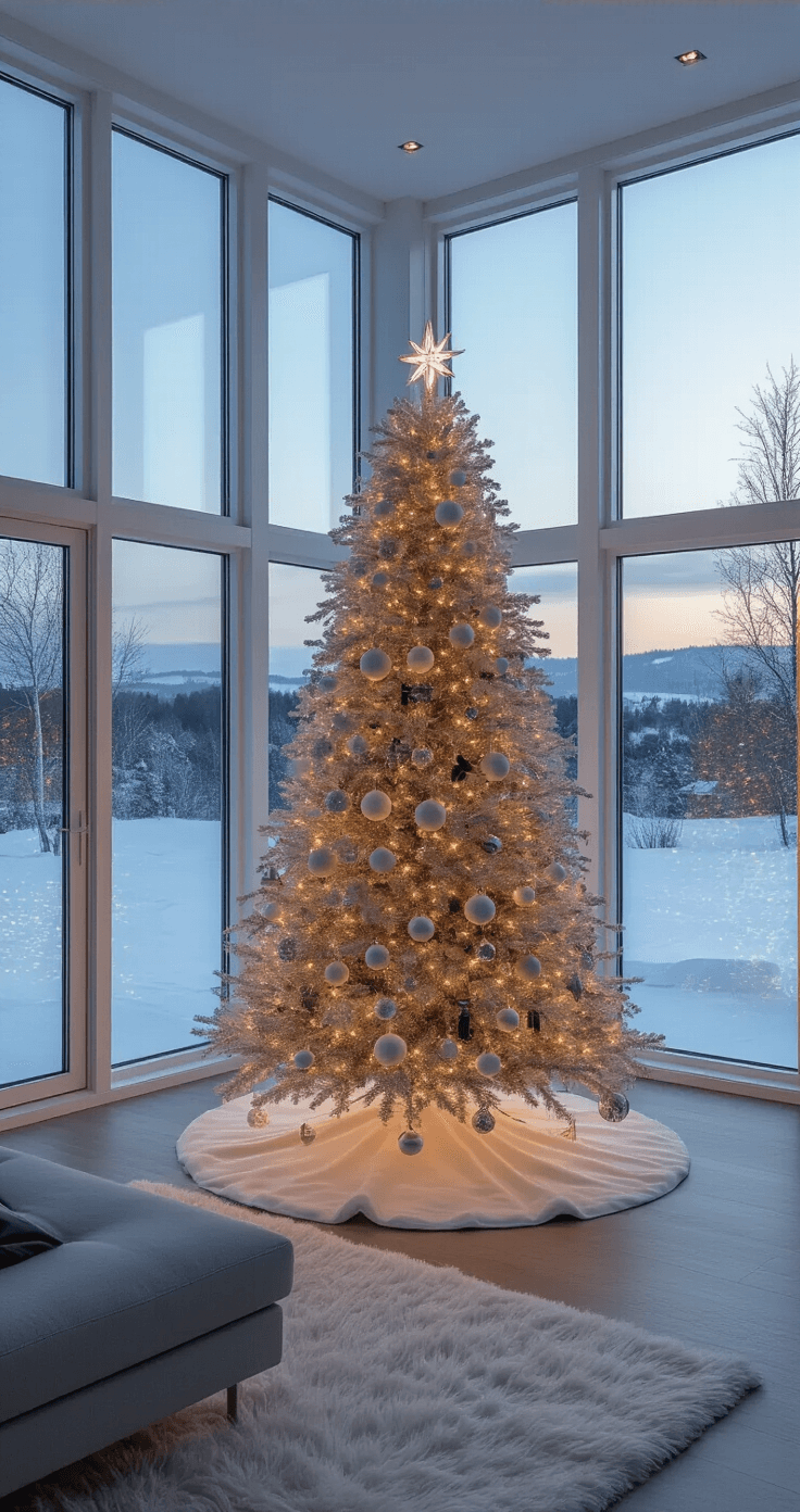 Dazzling Christmas Tree Decor Ideas for 2025: Transform Your Holiday Space A minimalist Nordic-inspired great room at twilight features a pre-lit white Christmas tree decorated with monochromatic ornaments, set against floor-to-ceiling windows showcasing a snow-covered landscape. The room includes modern Scandinavian furniture in pale grey and is illuminated by subtle recessed lighting, enhancing the contemporary atmosphere.