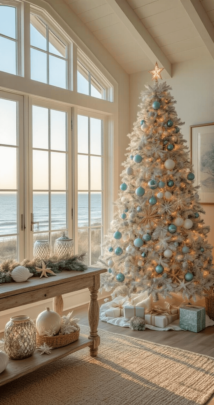 My Coastal Christmas Tree Journey: From Bland to Grand A sunlit coastal living room featuring a 7ft white-flocked Christmas tree adorned with seafoam blue and silver ornaments, set against vaulted ceilings and expansive windows, with a warm atmosphere enhanced by natural decor and soft lighting.