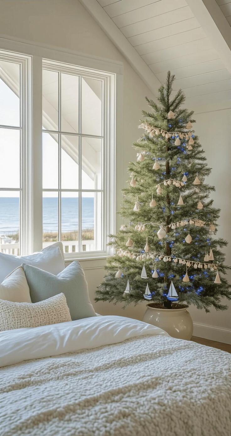 My Coastal Christmas Tree Journey: From Bland to Grand Cozy coastal bedroom featuring cathedral windows and exposed white beams, with mid-morning light illuminating a 4ft artificial tree in a vintage ceramic crock, adorned with handcrafted driftwood ornaments, miniature sailboats, and shell garlands in cream and sage green, complemented by tiny blue LED lights, creating a serene atmosphere.
