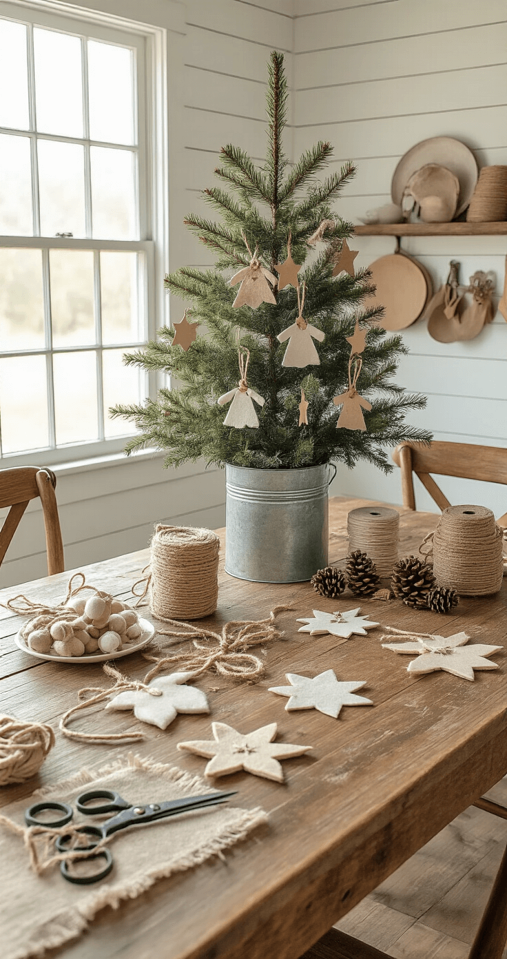 Dazzling Christmas Tree Decor Ideas for 2025: Transform Your Holiday Space A rustic farmhouse kitchen bathed in morning light, featuring a vintage farmhouse table filled with handmade felt ornaments, rope baubles, and paper angels, surrounded by craft supplies. A 6-foot pine tree in a galvanized bucket is adorned with exclusive handmade decorations. Warm wood accents contrast with white shiplap walls, and natural light creates soft shadows over vintage scissors, spools of ribbon, and scattered pine cones, all captured from above to highlight the crafting workspace.