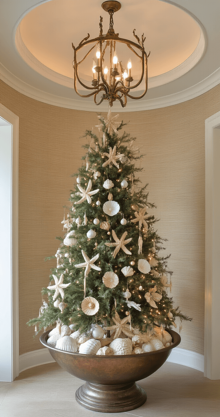 My Coastal Christmas Tree Journey: From Bland to Grand A stunning entryway featuring a soaring rotunda with seagrass wallcovering, dusk lighting from an antiqued brass chandelier illuminating a 6ft flocked tree in a hammered copper basin adorned with luxe coastal-themed ornaments, including capiz shells and gilt starfish, all set against a backdrop of warm white LED lights.