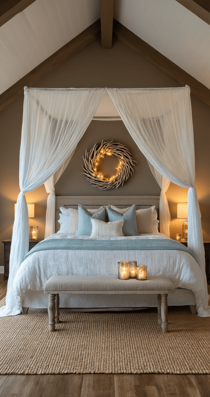 Seas & Greetings: Crafting the Perfect Coastal Christmas Wonderland A serene master bedroom at dusk, featuring a king bed with a gauzy white canopy and layered linens in white, sea glass blue, and sandy beige. An oversized driftwood wreath with warm LED lights hangs above the headboard, while mercury glass hurricanes with glowing pillar candles add a soft ambiance. A seagrass rug anchors the space, captured from the doorway with a shallow depth of field highlighting the bed arrangement.