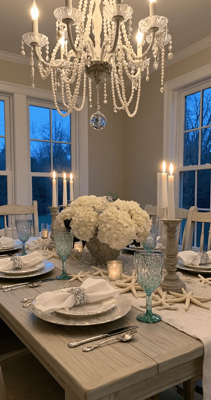 Seas & Greetings: Crafting the Perfect Coastal Christmas Wonderland Formal dining room at twilight featuring a coastal Christmas tablescape with a whitewashed trestle table set with mother of pearl chargers, sea glass goblets, and silvery taper candles in driftwood holders, a chandelier draped with pearl garland above, and a centerpiece of white hydrangeas, silver brunia, and crystalline starfish, captured from table height with dramatic side lighting.