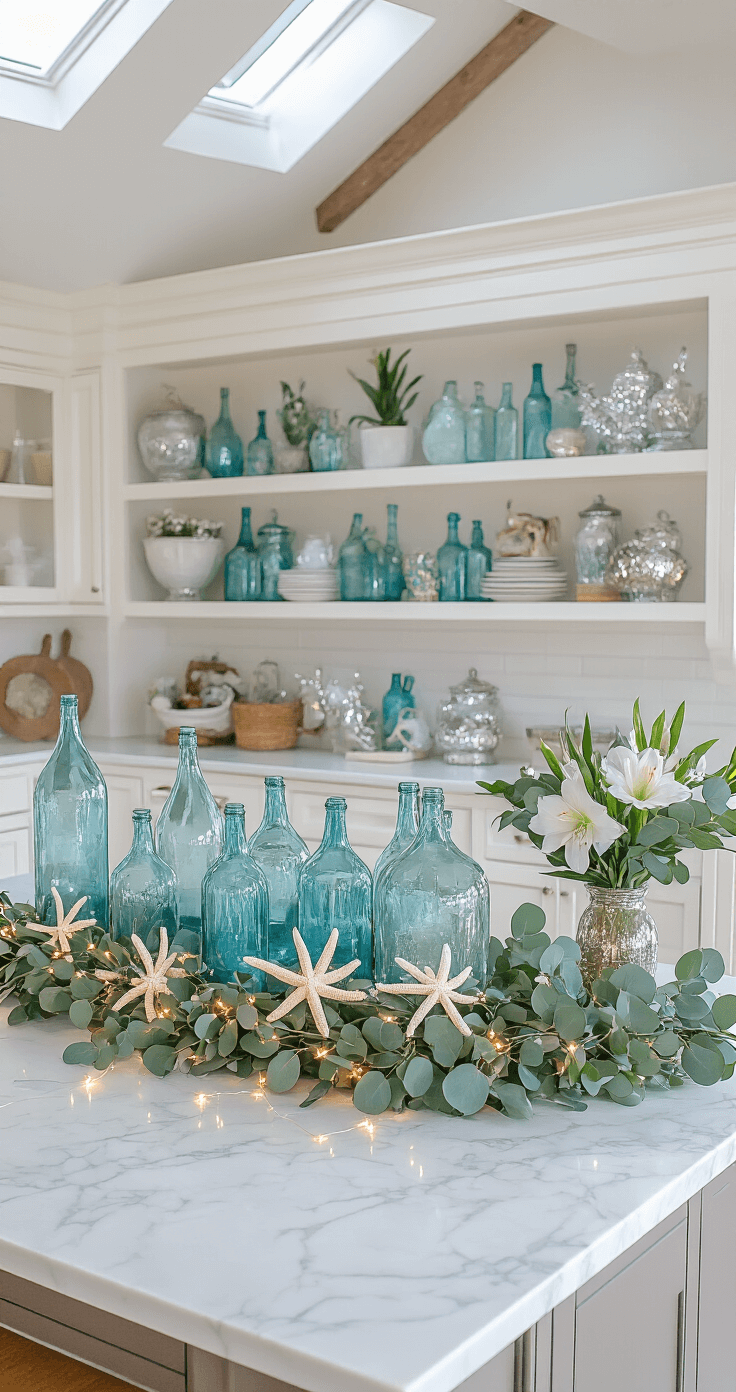 Seas & Greetings: Crafting the Perfect Coastal Christmas Wonderland Bright open concept kitchen featuring a white marble island adorned with eucalyptus garland, starfish, and tiny lights, vintage blue glass bottles holding white amaryllis, and coastal ornaments on open shelving, captured from a corner to show depth in natural light.