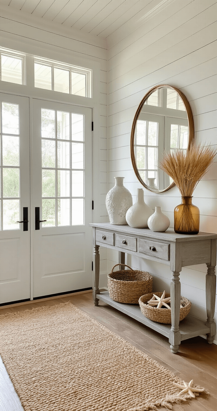 Coastal Farmhouse Fall Decor: Creating a Serene Autumn Sanctuary Intimate foyer featuring a warm white shiplap ceiling, natural light through seeded glass doors, a weathered gray vintage console with a brass-rimmed mirror, styled with white ceramic gourds, dried wheat in an amber vessel, and a coiled rope bowl with bleached starfish, complemented by a natural jute runner, emphasizing a muted coastal palette with warm brass accents.