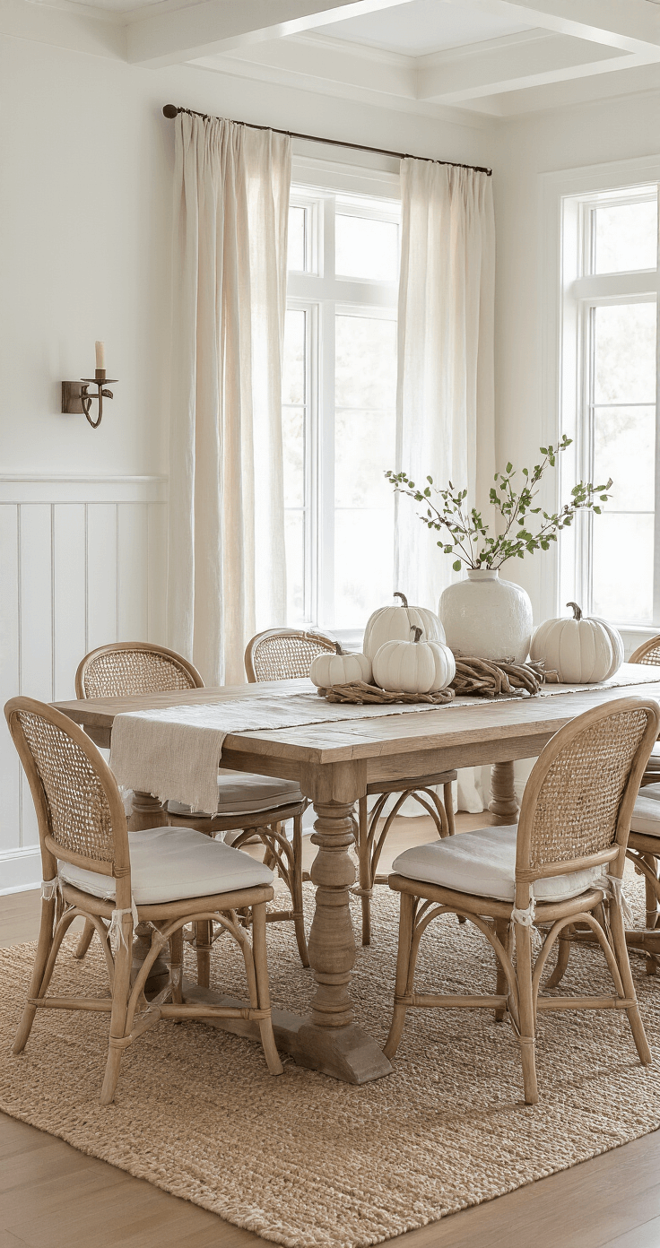 Coastal Farmhouse Fall Decor: Creating a Serene Autumn Sanctuary A serene dining room featuring a reclaimed oak table at its center, adorned with a sandy beige table runner and decorative white ceramic pumpkins, sea glass vessels, and driftwood. Rattan-backed chairs with ivory cushions surround the table, and morning light filters through sheer linen drapes, highlighting wainscoting and a coffered ceiling in crisp white.