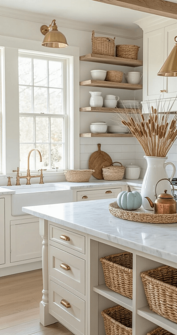 Coastal Farmhouse Fall Decor: Creating a Serene Autumn Sanctuary Spacious kitchen with marble island, white shaker cabinets, and open shelving, featuring warm morning light, vintage decor, and coastal farmhouse elements.
