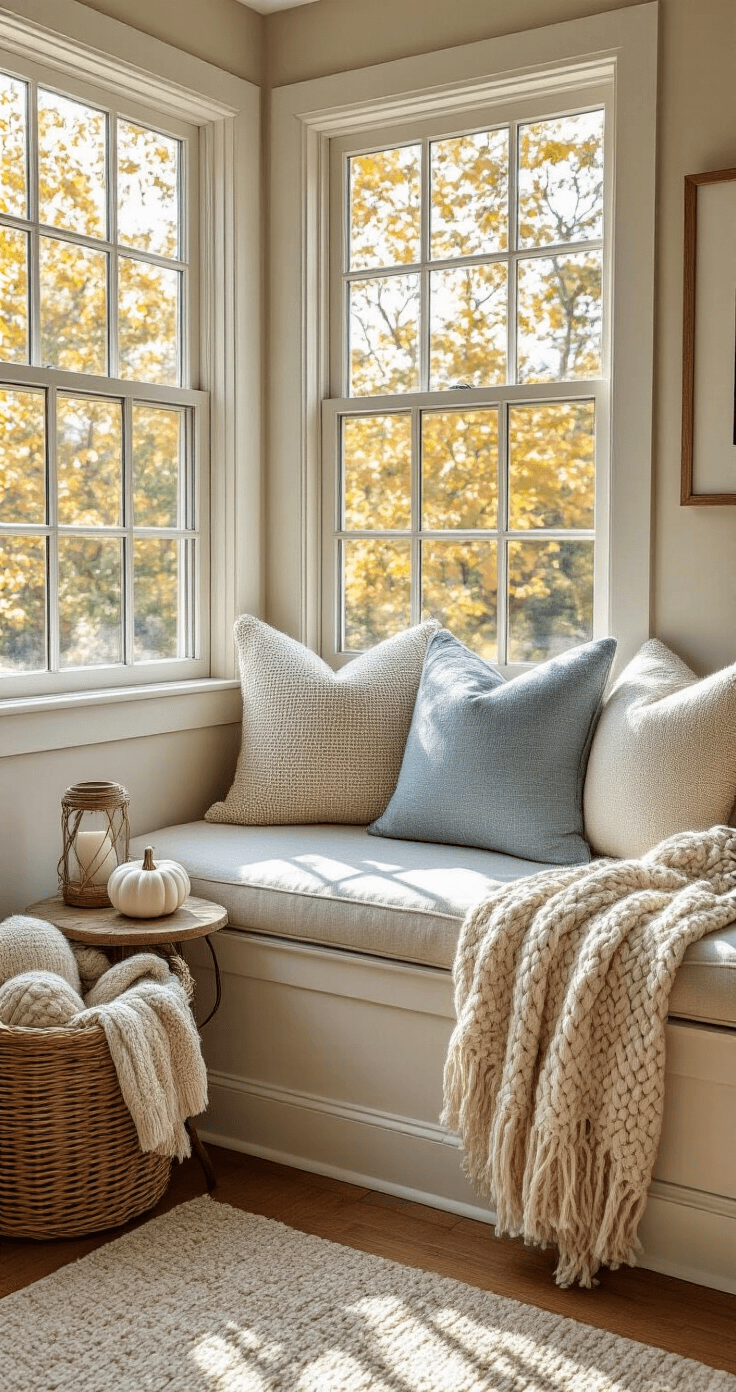 Coastal Farmhouse Fall Decor: Creating a Serene Autumn Sanctuary Cozy reading nook with built-in window seat, cushioned in natural linen, adorned with cream, sand, and soft blue pillows, a rattan basket of throws, and a weathered side table featuring a white ceramic pumpkin and a rope-wrapped lantern, bathed in warm afternoon sunlight.