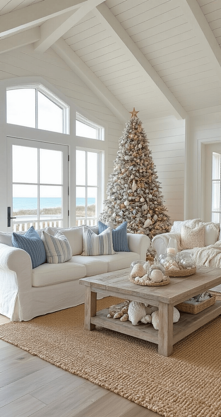 Coastal Farmhouse Christmas: Create a Dreamy Holiday Haven A sunlit coastal living room featuring a large Christmas tree, a cream slipcovered sofa with blue-grey pillows, a driftwood coffee table, and sheer linen French doors, all illuminated by warm golden hour light.
