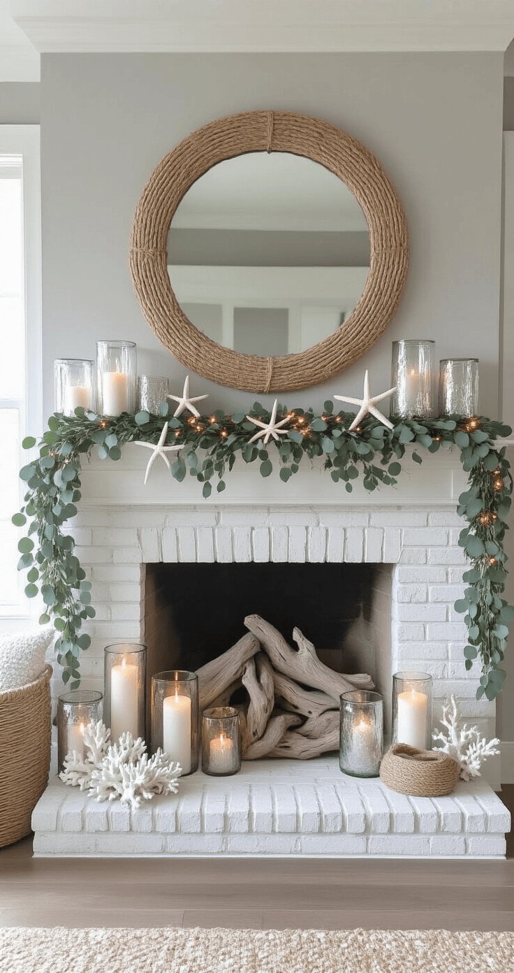Coastal Farmhouse Christmas: Create a Dreamy Holiday Haven An intimate coastal farmhouse mantel vignette featuring a weathered limestone fireplace with a white-brick surround, adorned with a natural jute garland, mercury glass hurricanes with candles, driftwood, coral specimens, and an oversized rope-wrapped mirror, all illuminated by late afternoon light against cool grey walls.