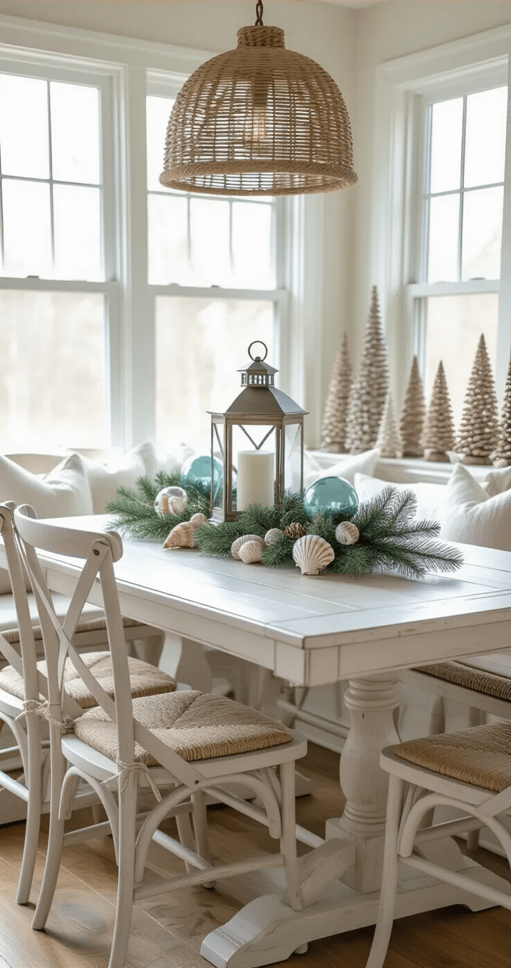 Coastal Farmhouse Christmas: Create a Dreamy Holiday Haven A cozy corner dining nook illuminated by morning light, featuring a whitewashed farmhouse table adorned with a coastal Christmas centerpiece, X-back chairs, and a woven pendant light, with a sideboard styled with mercury glass trees and driftwood sculptures.