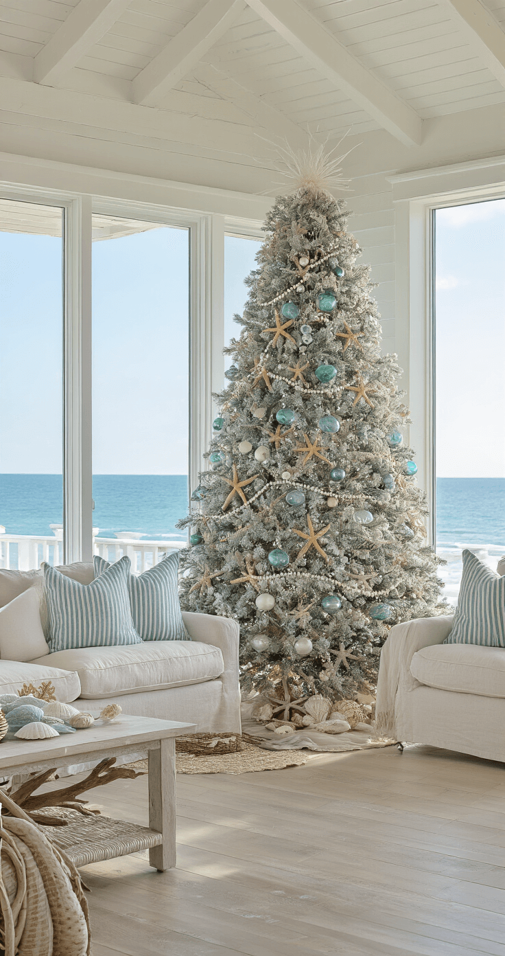 Dazzling Christmas Tree Decor Ideas for 2025: Transform Your Holiday Space Interior of a beachfront great room at midday, featuring a 7-foot flocked Christmas tree decorated with glass float ornaments, starfish, and pearl garlands. White-washed wood floors reflect sunlight from oceanfront windows, with a pale blue and sandy beige color scheme and silver accents. Linen sofas with coastal stripe pillows frame the room, while driftwood and shell decorations enhance the coastal theme. A wide-angle view captures the tree and the ocean backdrop.