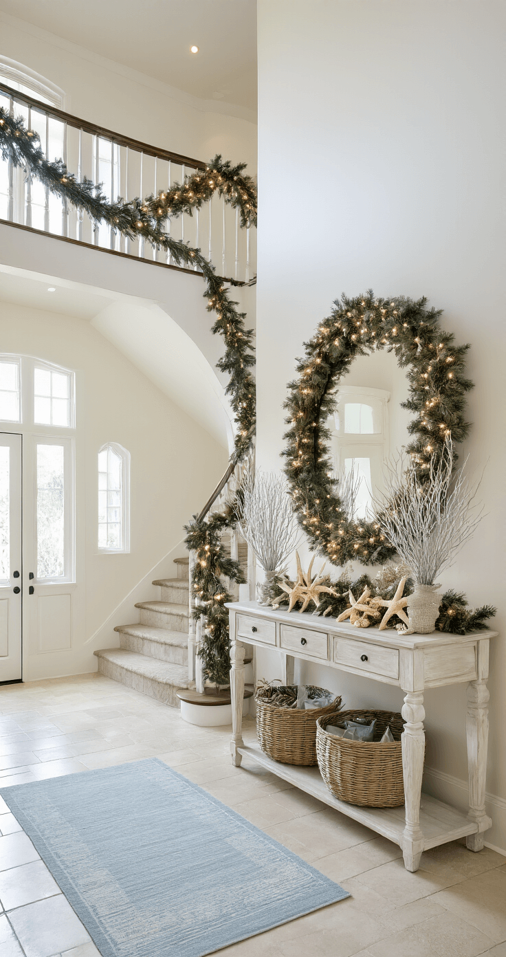 Coastal Farmhouse Christmas: Create a Dreamy Holiday Haven Welcoming entry foyer with a dramatic double-height space featuring a curved staircase adorned with garland, starfish, and white lights. An oversized driftwood mirror hangs above a whitewashed console table styled with a coastal Christmas vignette, and a seagrass basket holds silver-tipped branches. A pale blue vintage runner rests on limestone tiles, all illuminated by natural light streaming through transom windows, captured from the second story.