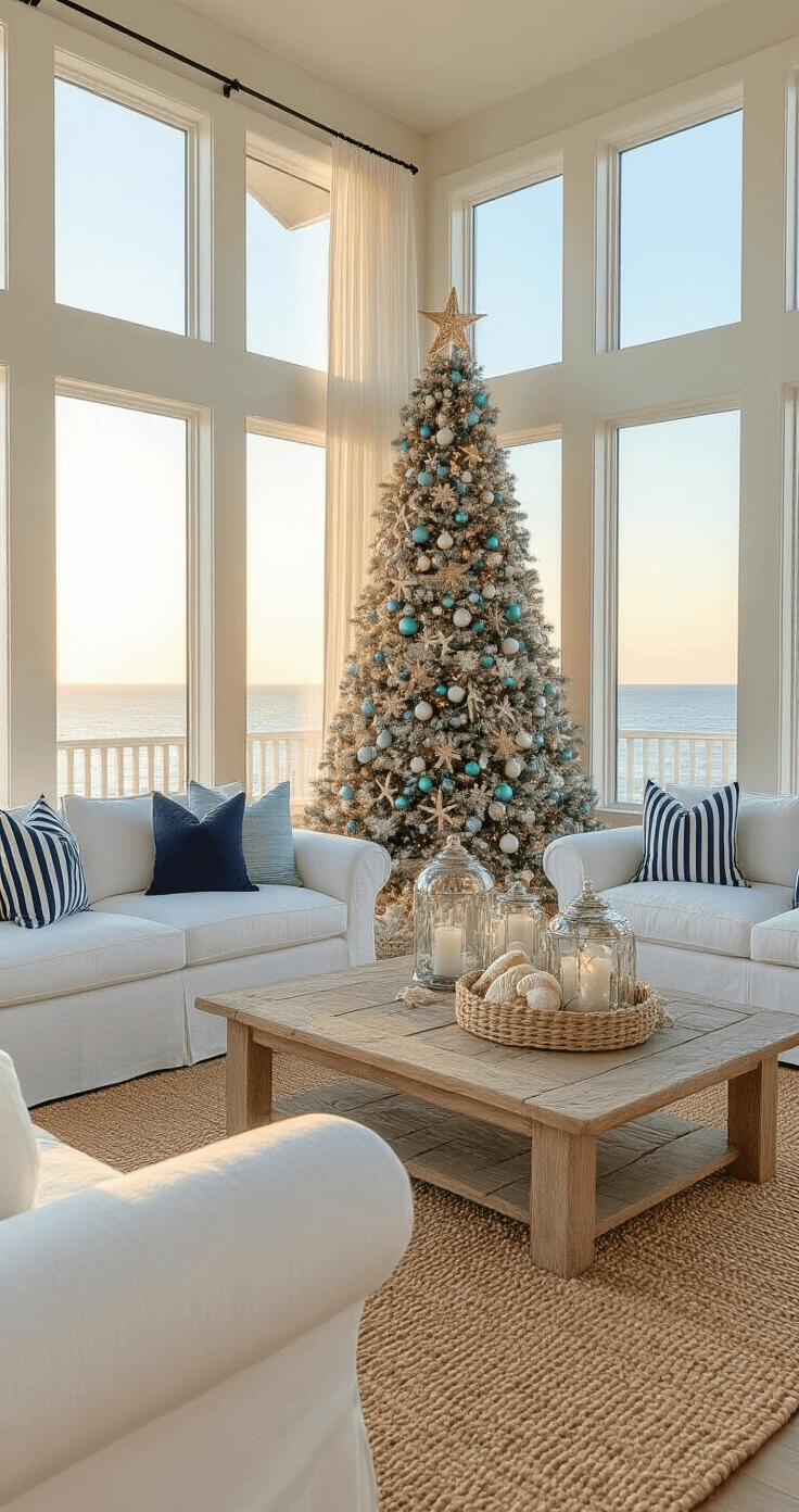 Seas & Greetings: Crafting the Perfect Coastal Christmas Decor A coastal living room with large windows showcasing ocean views, featuring a decorated Christmas tree in the corner, white slip-covered sofas, a driftwood coffee table, and layered lighting from shell-filled vases and lanterns, all bathed in soft golden hour light.