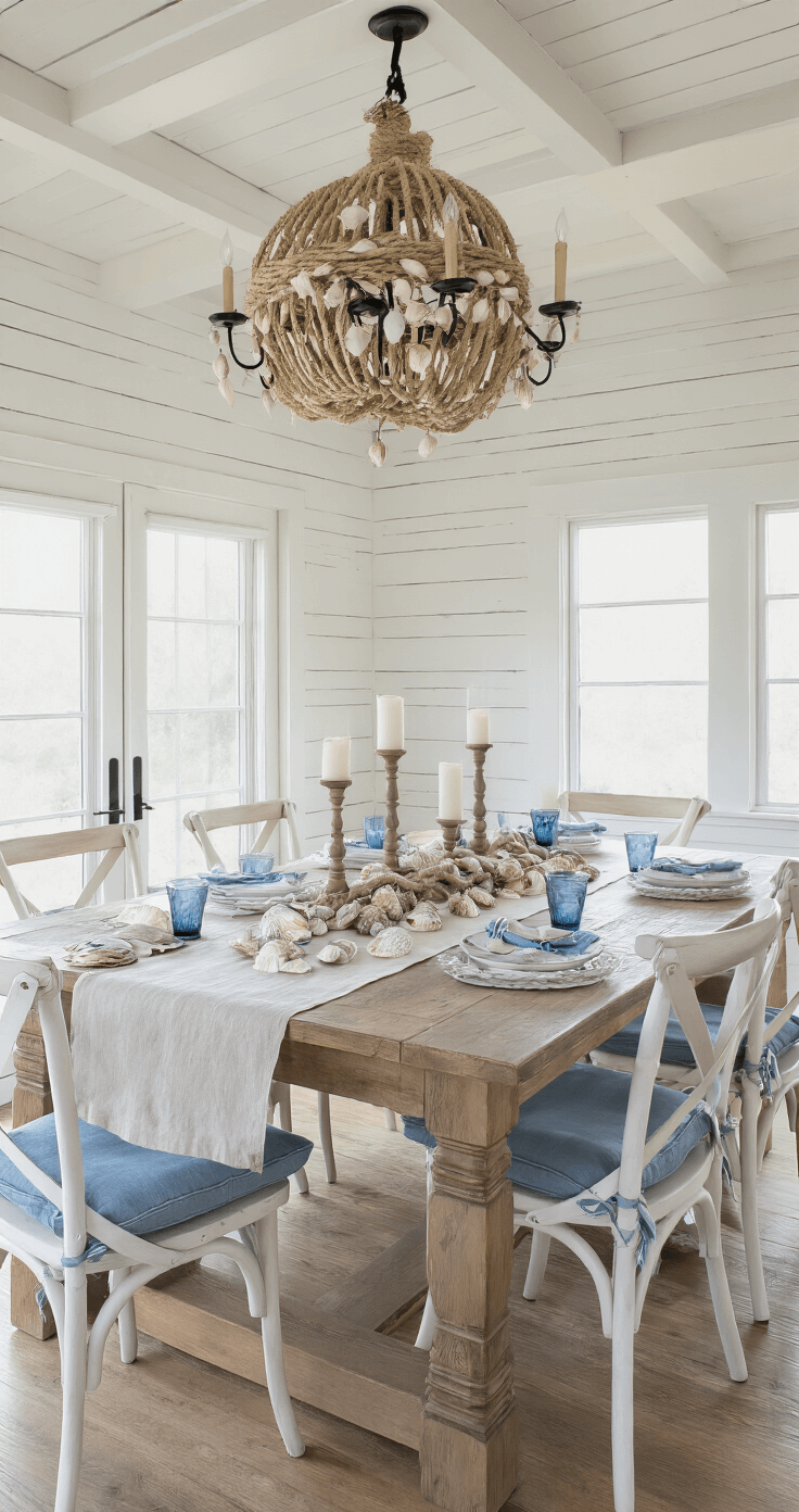Seas & Greetings: Crafting the Perfect Coastal Christmas Decor Intimate dining room featuring whitewashed shiplap walls and a coffered ceiling, illuminated by cool morning light. A farmhouse table with a natural linen runner, driftwood centerpiece adorned with fairy lights, and scattered oyster shells. Surrounded by ghost chairs with coastal blue cushions, with blue-tinted glass hurricanes holding white pillar candles. A rope-wrapped chandelier with seashell accents hangs overhead, captured in a low angle shot with soft depth of field.