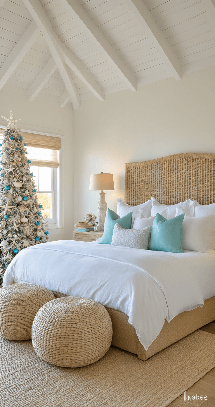 Seas & Greetings: Crafting the Perfect Coastal Christmas Decor A wide angle shot of a 16x18ft master bedroom at sunset, featuring a vaulted ceiling with exposed whitewashed beams, a king bed dressed in white linens with aqua and silver pillows, a coastal Christmas tree adorned with starfish and pearl garlands, shell-encrusted table lamps beside a seagrass headboard, and jute poufs at the foot of the bed, all bathed in golden hour light.