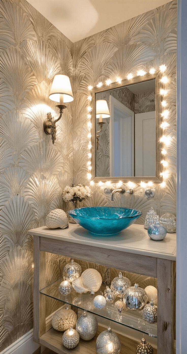 Seas & Greetings: Crafting the Perfect Coastal Christmas Decor Dramatic evening scene of a stylish powder room featuring metallic seashell wallpaper and shell-encrusted sconces, highlighting a floating vanity with an azure blue vessel sink. A weathered driftwood mirror adorned with tiny white lights complements a glass shelf displaying coastal Christmas ornaments in mercury glass finish, all enhanced by warm ambient lighting.