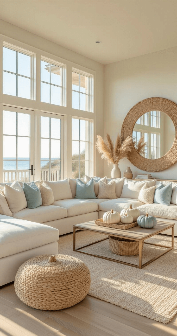 Coastal Fall Decor: Transform Your Space with Soft, Seaside Autumn Vibes A bright coastal living room featuring whitewashed oak floors, floor-to-ceiling windows with golden light, an oatmeal linen sectional adorned with seafoam and sand-toned pillows, a brass-trimmed coffee table with sea glass pumpkins, a large driftwood mirror, and organic textures from water hyacinth baskets and dried pampas grass.