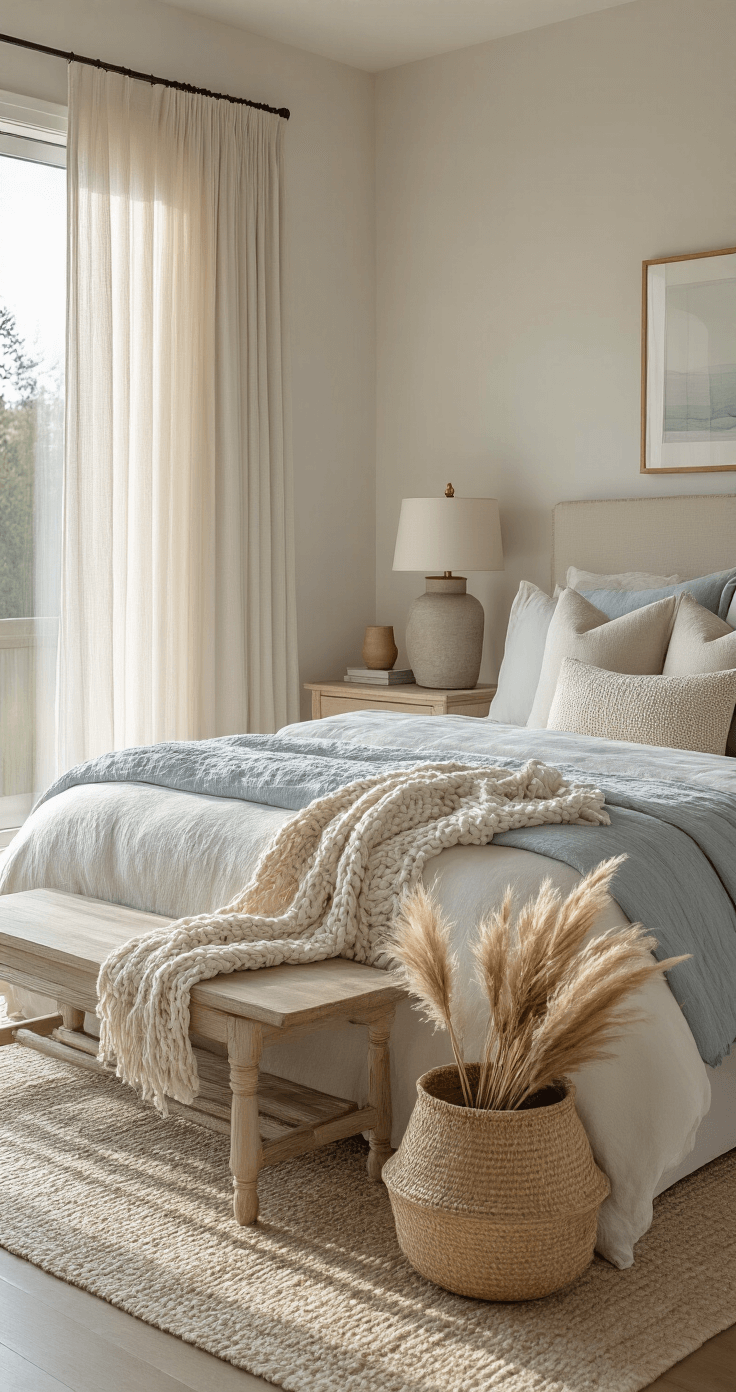 Coastal Fall Decor: Transform Your Space with Soft, Seaside Autumn Vibes A beautifully styled master bedroom at sunrise, featuring a king bed with cream, fog gray, and pale blue linens, illuminated by soft morning light filtering through sheer linen drapes. Nightstands made of bleached oak hold elegant ceramic lamps with brass details, while an oversized seagrass basket contains dried pampas grass, all viewed from a high angle at the doorway.