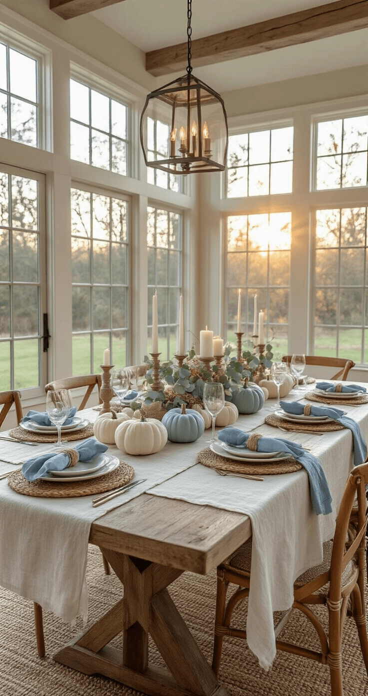 Coastal Thanksgiving Decor: Bringing Beach Vibes to Your Harvest Celebration A spacious open-plan dining room with large windows, featuring a weathered oak table set for Thanksgiving with coastal decor, including a driftwood centerpiece, painted pumpkins, rattan chargers, and ambient lantern lighting, all illuminated by soft golden hour sunlight.